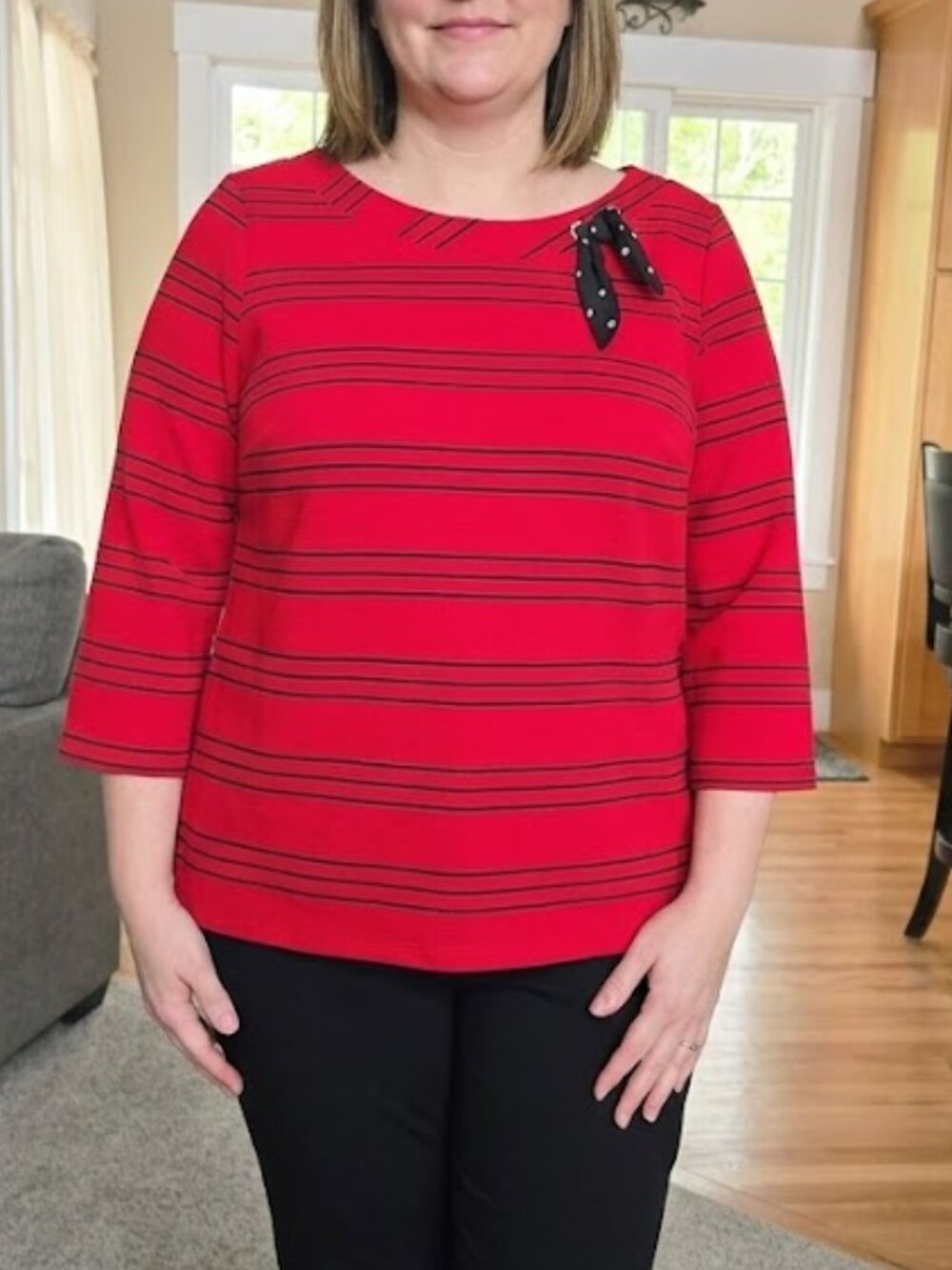 NWT Liz Claiborne sz XL red / black striped pullover shirt with heart print bow
